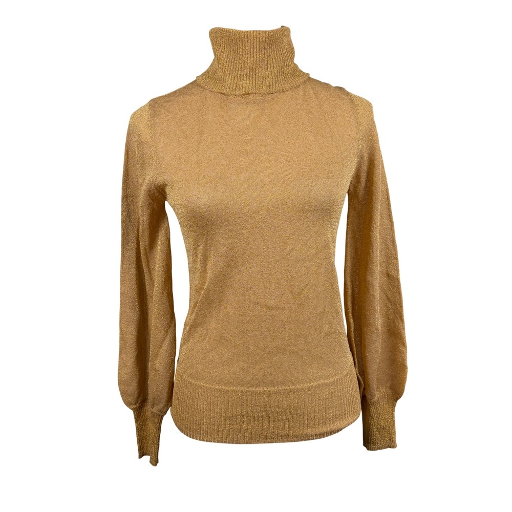 Gold Metallic Knit Turtleneck Sheer Shimmer Top Small Long Sleeve Chic Party